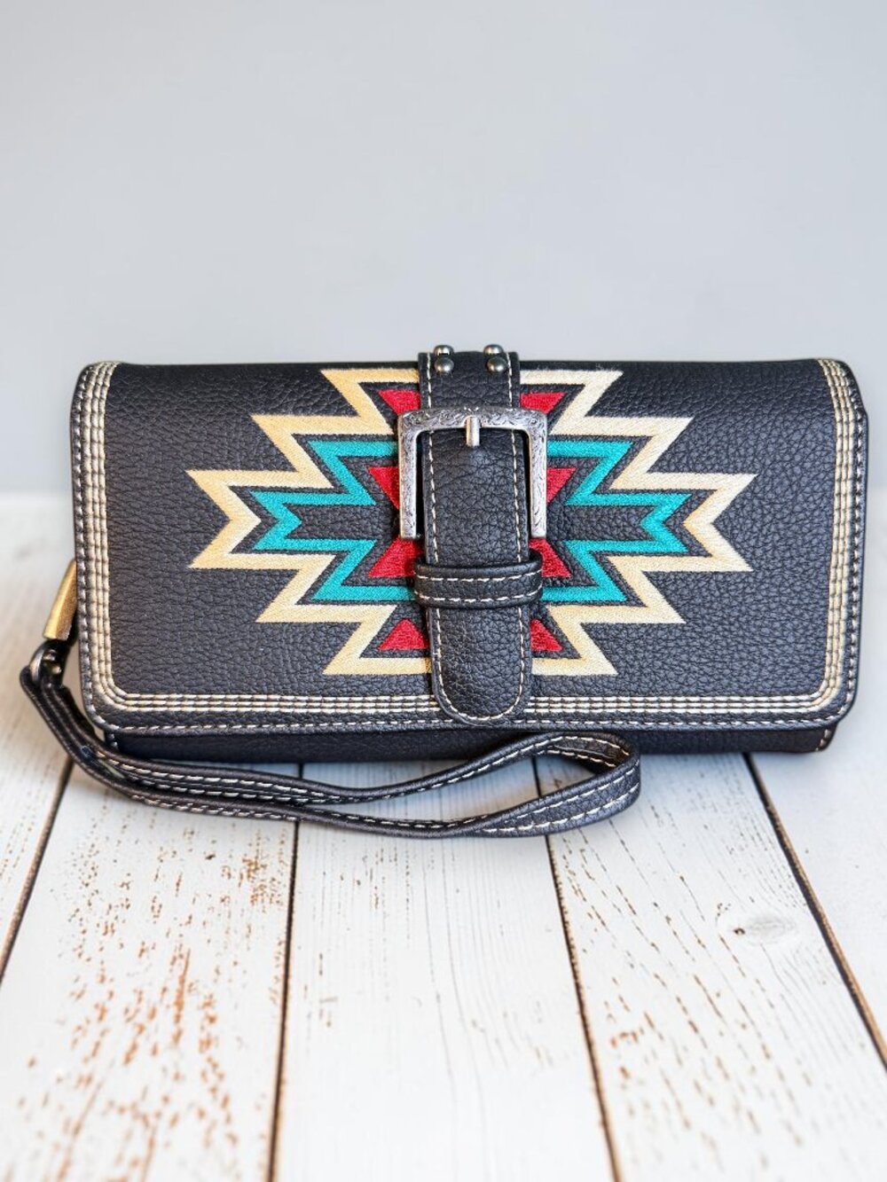 Montana West Black Aztec Embroidered Tri-Fold Wristlet Wallet – New